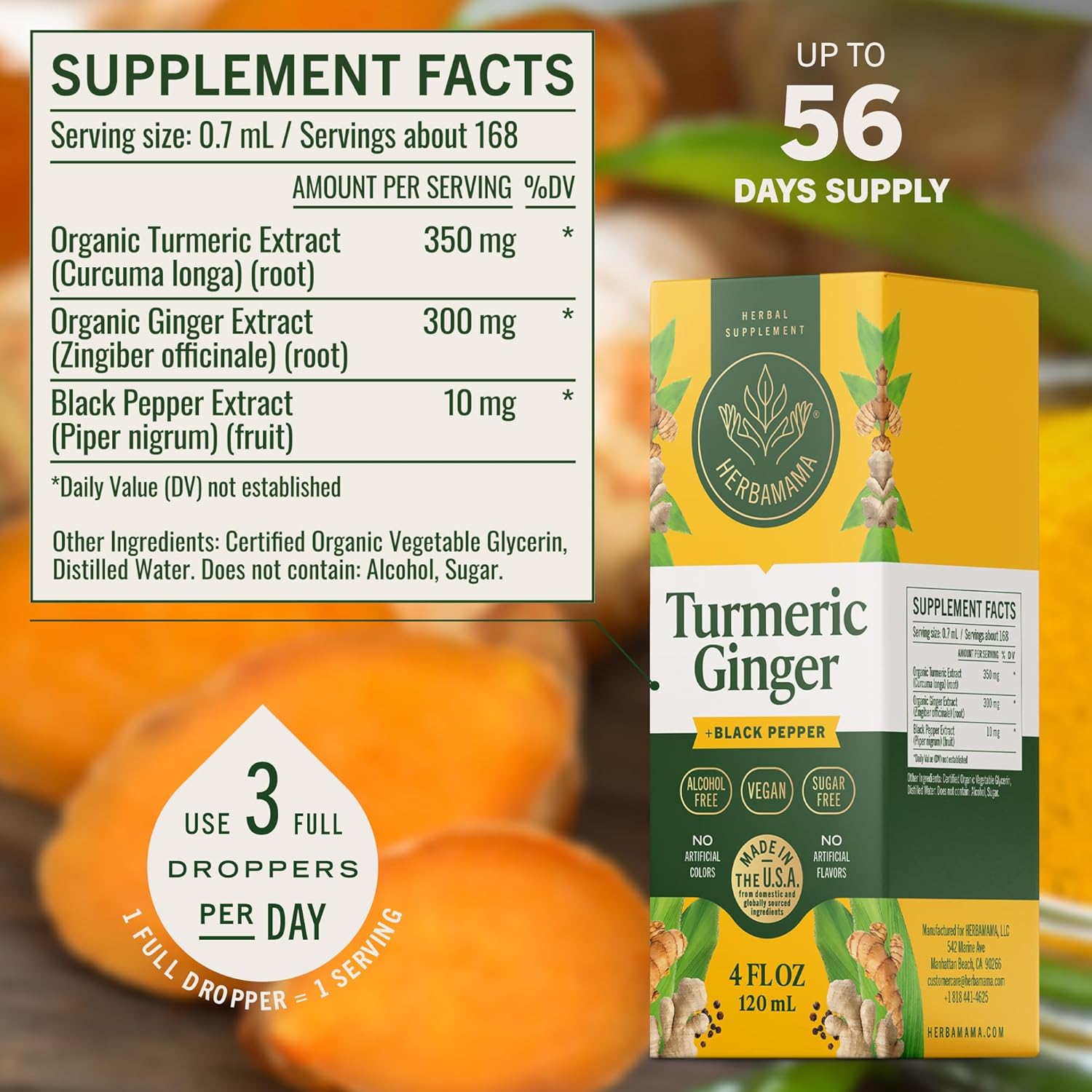 HERBAMAMA Turmeric and Ginger Supplement – Turmeric with Black Pepper & Ginger Root for Digestive Health – Turmeric Ginger Supplements for Immune Support – Non-GMO, Alcohol & Sugar-Free, 56-Day Supply - Image 3