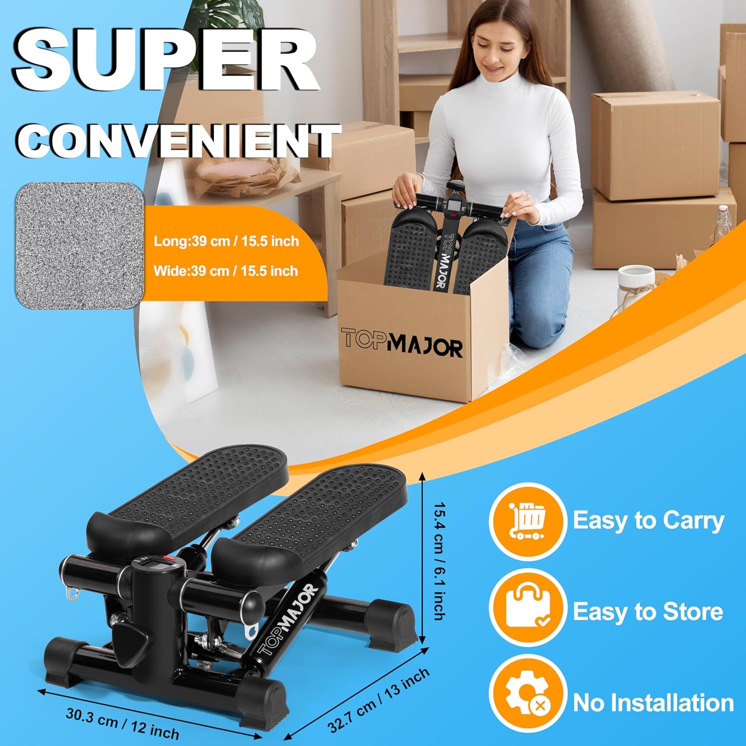 TOPMAJOR Steppers for Exercise at Home with 330 lbs Weight Capacity, Resistance Bands & Non-Slip Mat for Full Body Workout, Adjustable Height Hydraulic Stepper with LCD to Monitor Steps & Time - Image 4