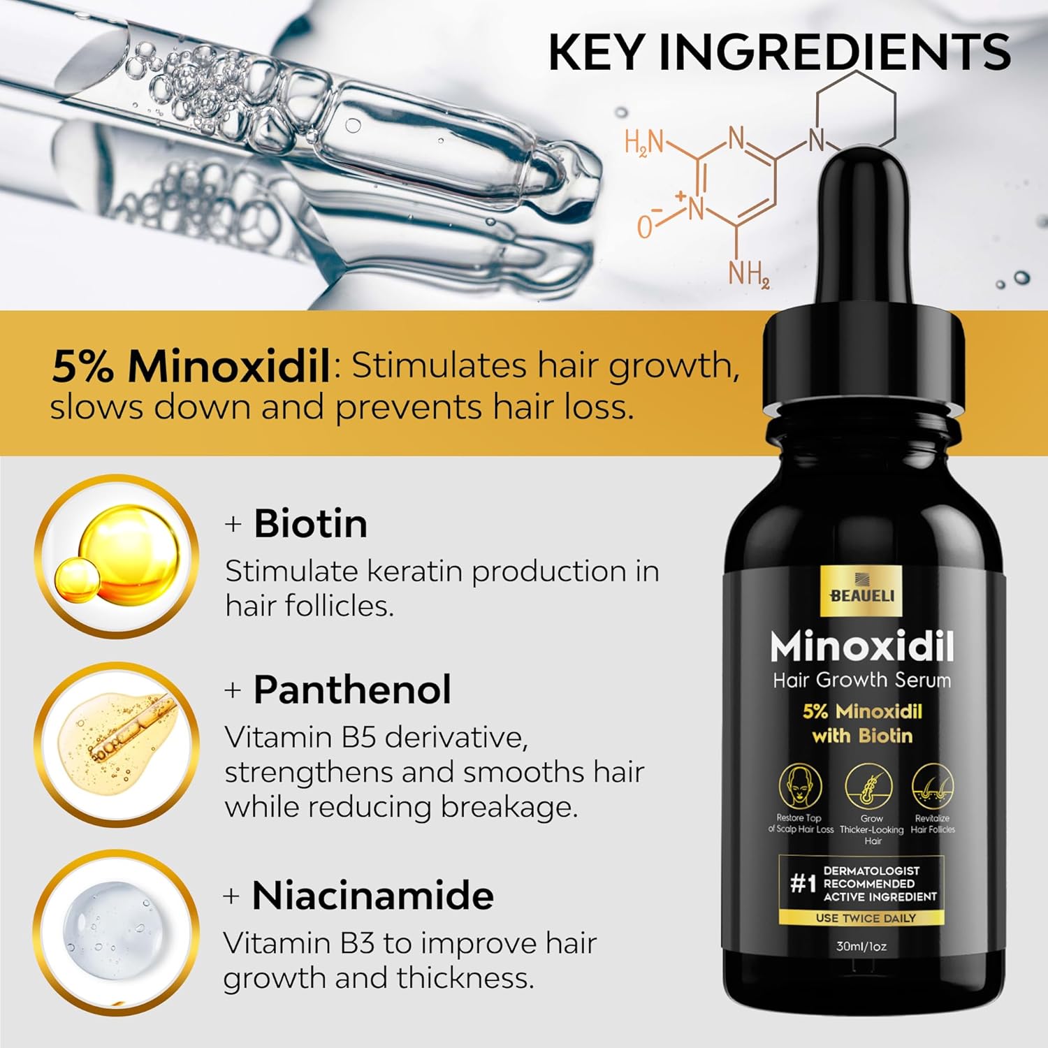 beaueli 5% Minoxidil for Men & Women Hair Growth, Beard Growth, Hair Loss Treatment, Unisex Adult 1oz - Image 4