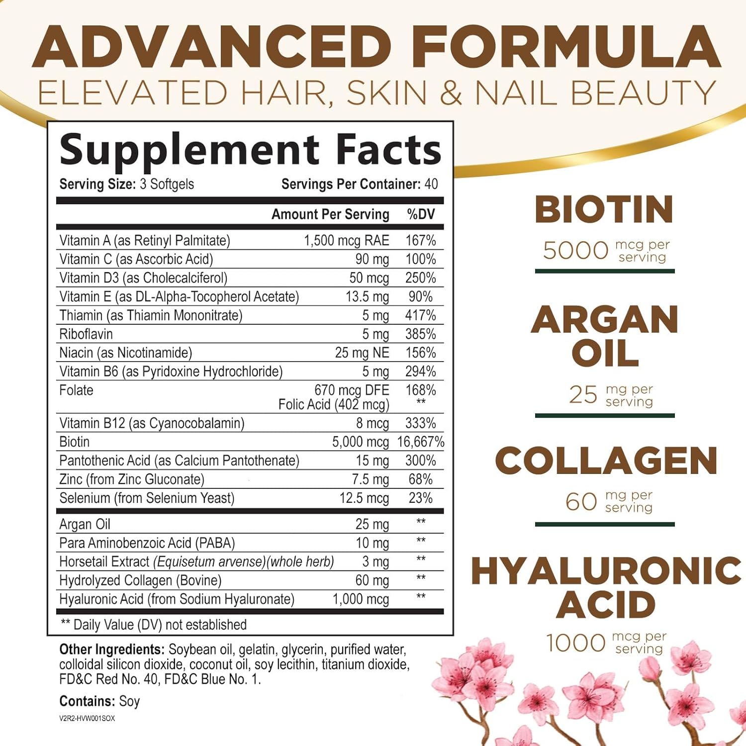 Hair Skin and Nails Vitamins for Hair Growth - Biotin 5000mcg Per Serving - Extra Strength Collagen, Argan Oil & Hyaluronic Acid - Best Beauty Supplement for Women & Men - USA Bottled - 120 Softgels - Image 2