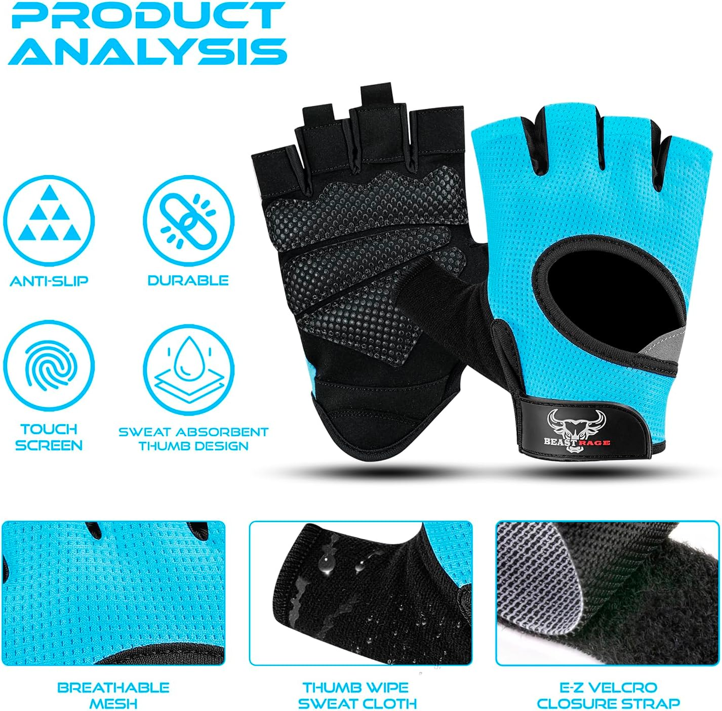 BEAST RAGE Fingerless Weight Lifting Gloves with Palm Protection Padding, Breathable Lightweight Gym Gloves for Men, Women, Weightlifting, Cycling, Exercise, Training Pull Up - Image 2