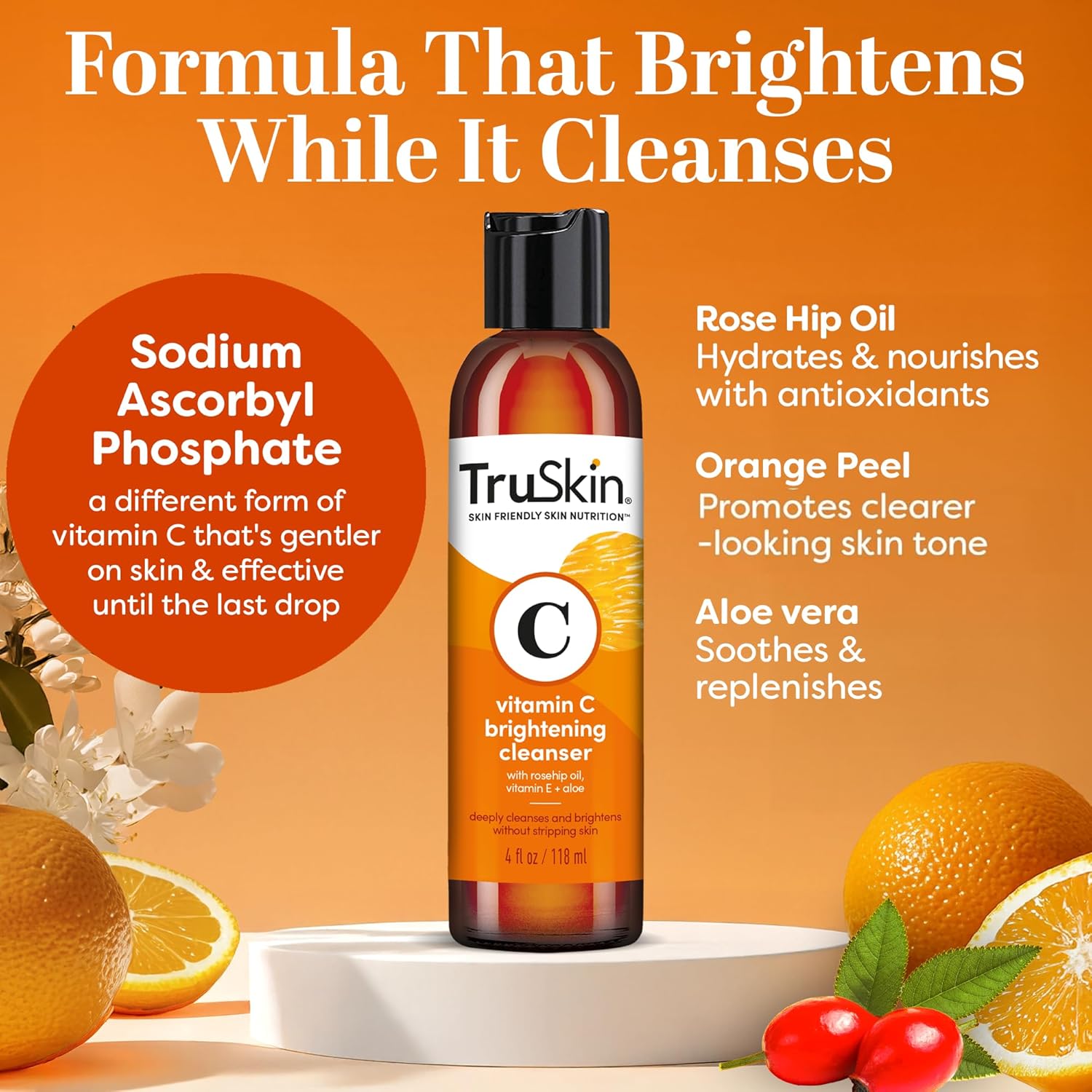 TruSkin Vitamin C Face Wash Cleanser - Brightening Facial Cleanser with Vitamins C & E, Rosehip Oil, Aloe Vera & MSM - Gently Cleanses, Refreshes & Supports Radiant Skin - 4 fl oz - Image 2