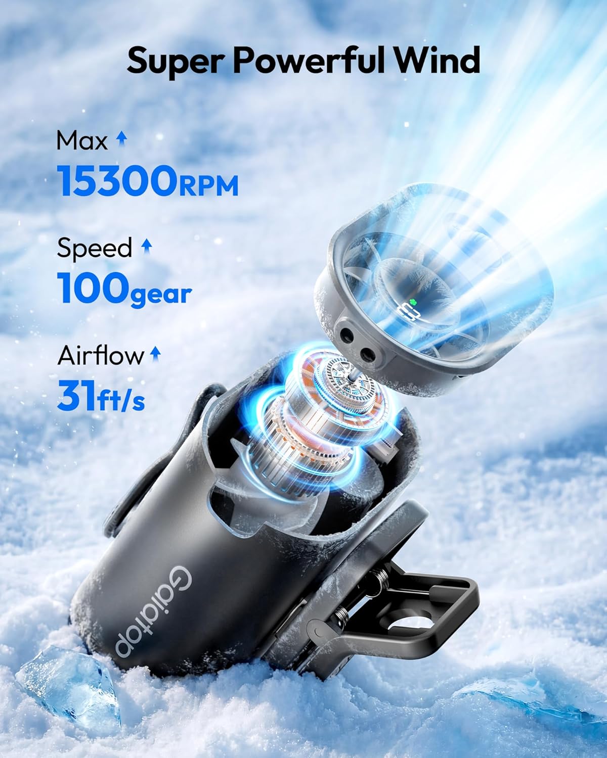 Gaiatop Portable Clip on Fan, Rechargeable Battery 100 Speed 15000RPM Powerful 31ft/s Airflow, Hands-Free Neck/Belt/Waist Personal Mini Cooling Fan for Camping, Outdoor, Jobsite, Travel, Gifts, Black - Image 2