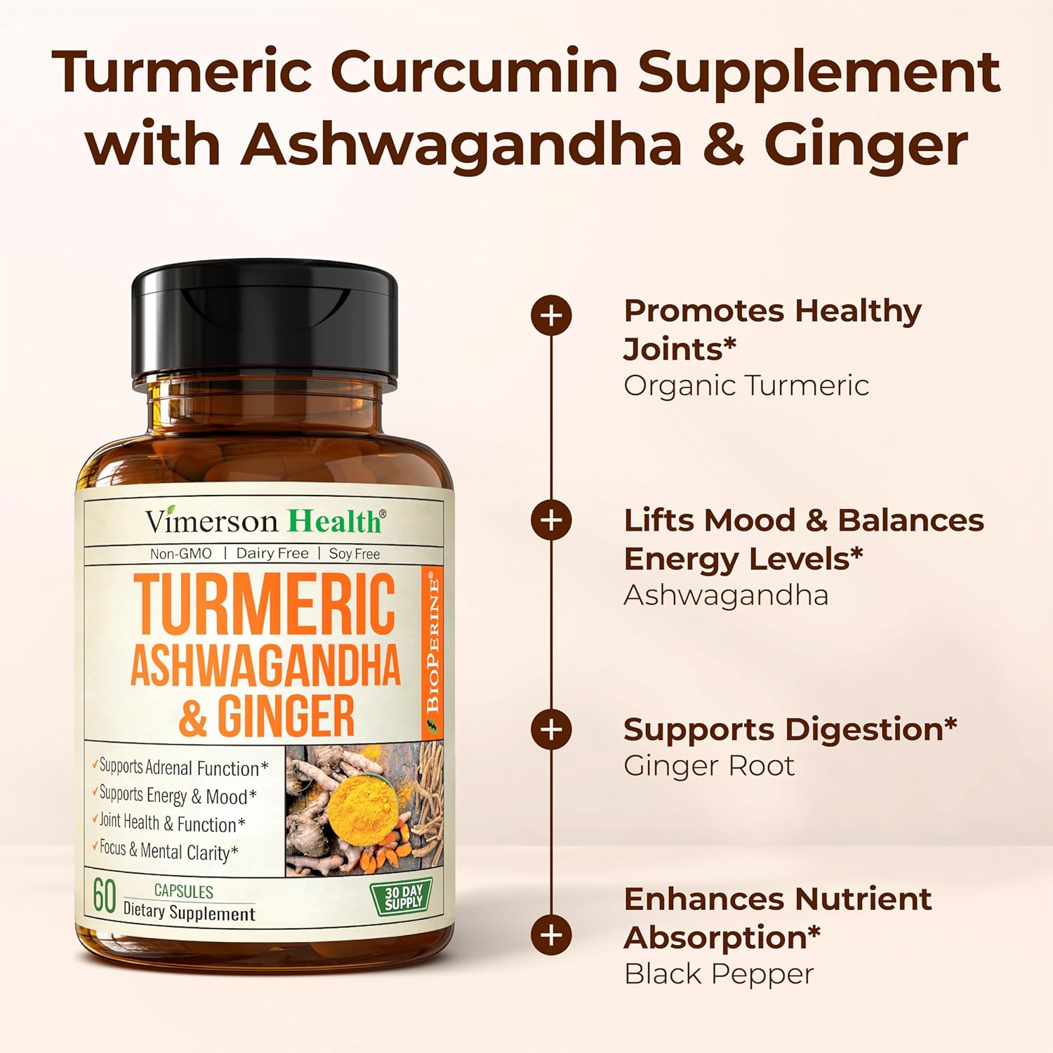 Ashwagandha Capsules for Energy, Mood and Joint Health – All-in-One Formula with Ashwagandha, Turmeric, Ginger Root & Black Pepper for Enhanced Absorption– Ashwagandha for Women & Men – 60 Count - Image 5