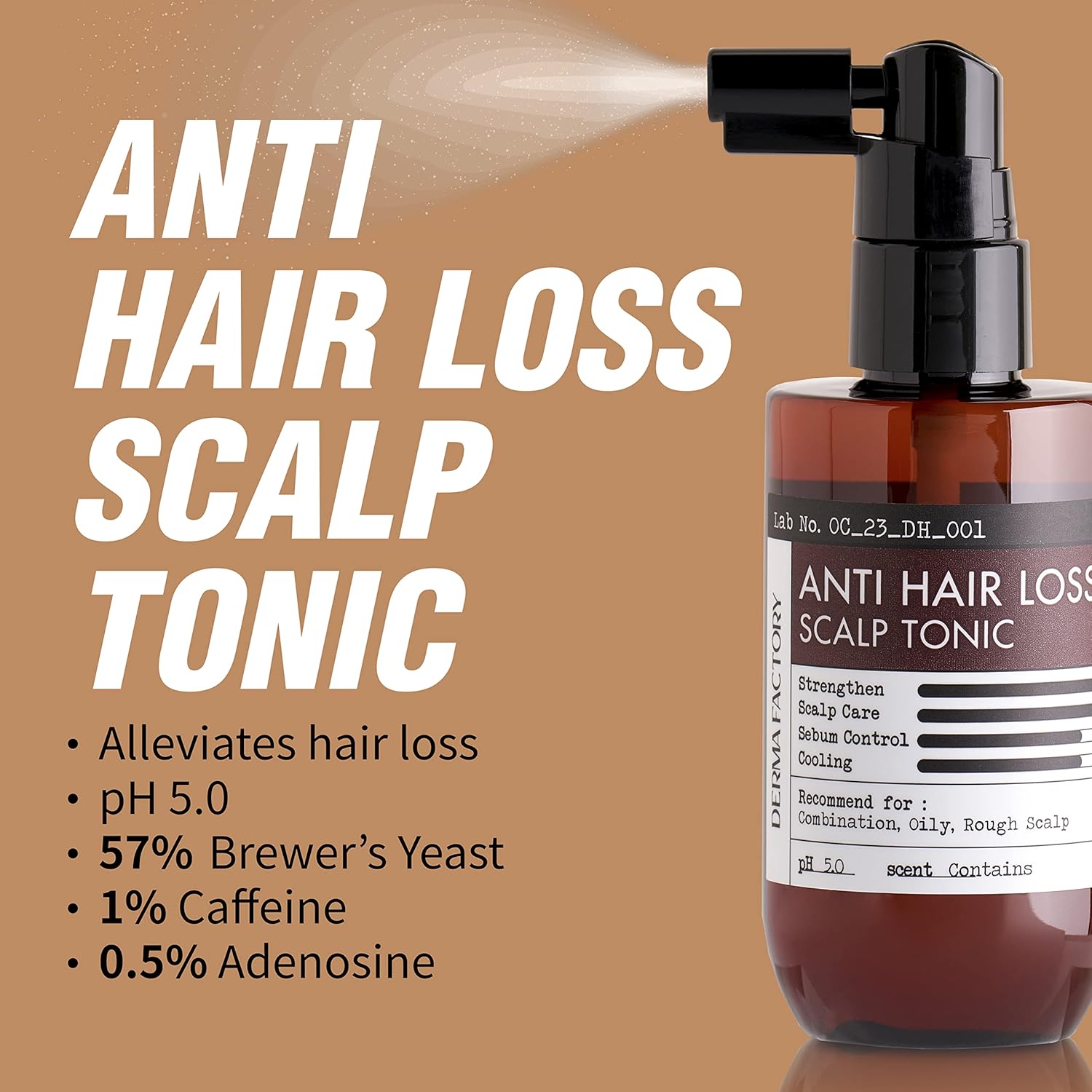 DermaFactory Scalp Treatment Tonic 3.3 Fl Oz Revitalize Thinning Hair Sebum Control Root Enhancer Scalp Instant Cooling & Nourishing Spray w/Brewer's Yeast 57% Caffeine No Sulfate Silicone Paraben - Image 2