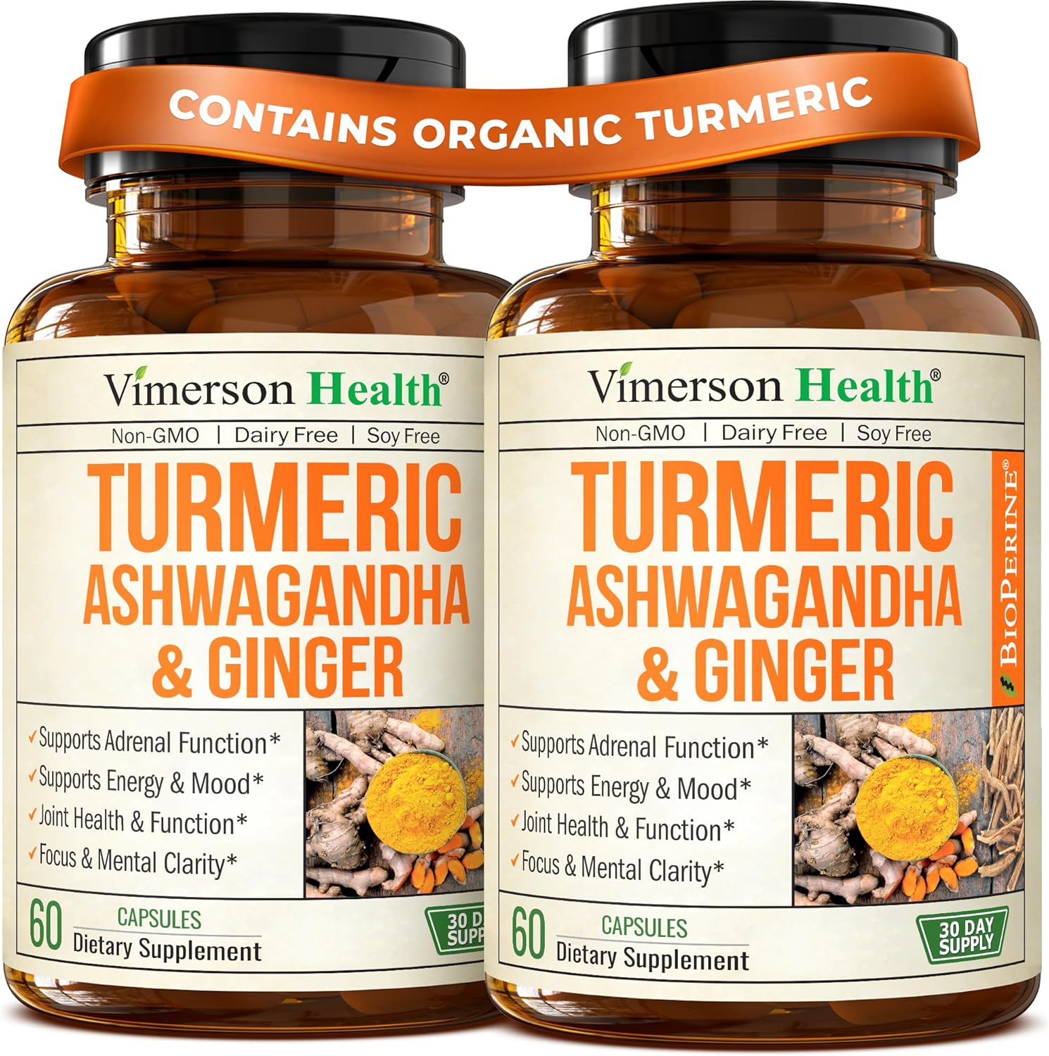 Ashwagandha Capsules for Energy, Mood and Joint Health – All-in-One Formula with Ashwagandha, Turmeric, Ginger Root & Black Pepper for Enhanced Absorption– Ashwagandha for Women & Men – 2 Pack
