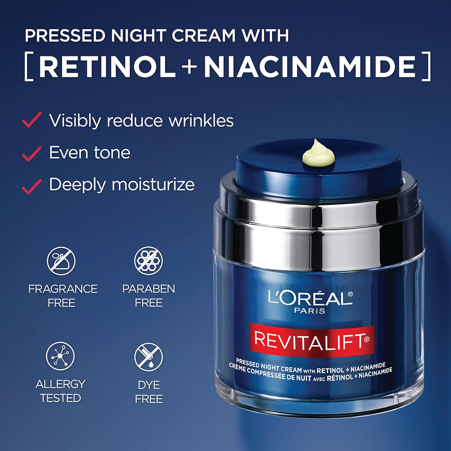 L'Oreal Paris Revitalift Pressed Night Cream, Retinol + Niacinamide, Reduces Wrinkles, Fragrance Free, 1.7 oz + Serum Sample - Image 3