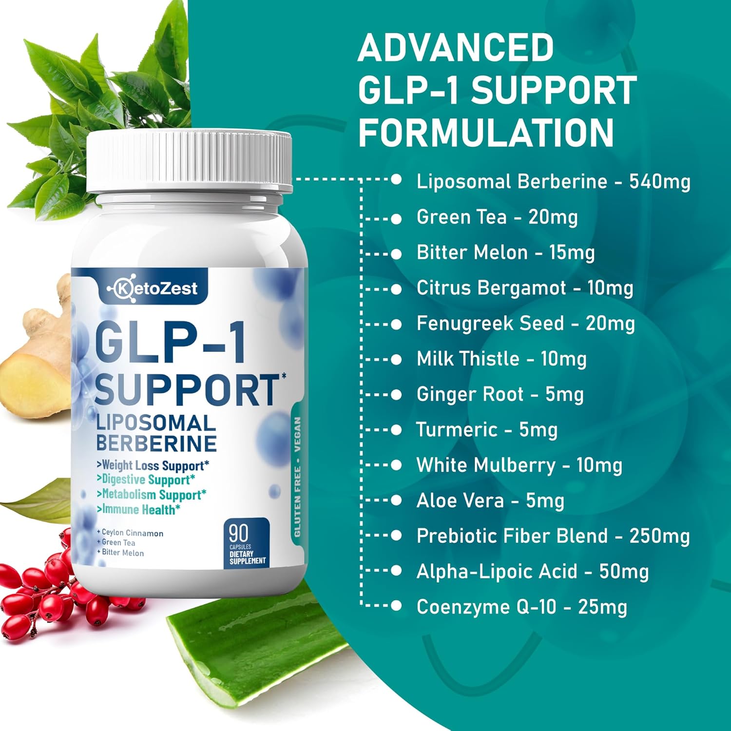 GLP-1 Support Weight Loss Supplement - 15-in-1 GLP1 Support for Weight Management Appetite Suppressant Fat Burn for Women Men - with Liposomal Berberine HCl Bitter Melon Citrus Bergamot - Image 4