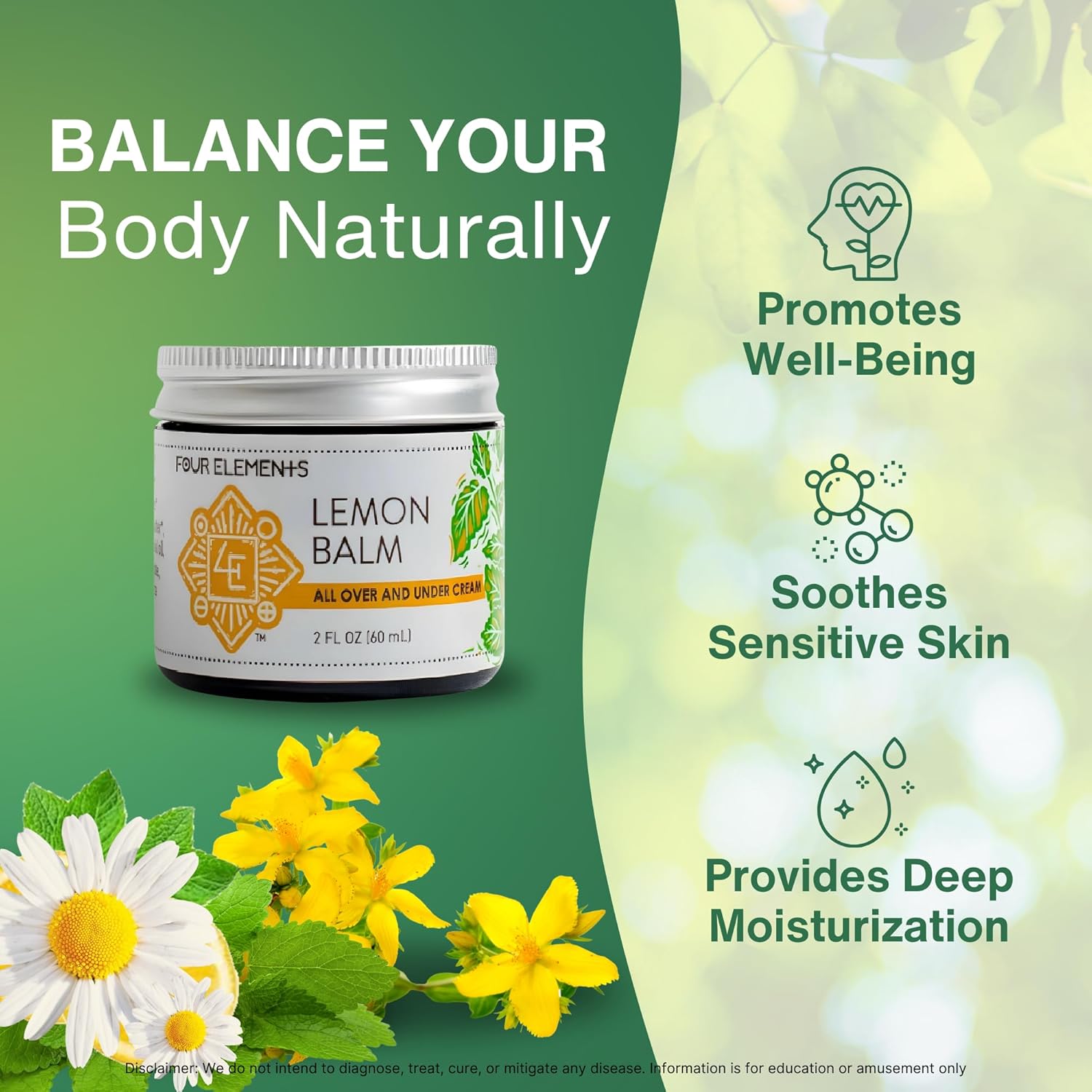 Four Elements Lemon Balm Face Moisturizer Cream - 2 Oz | Herbal Face Cream with Organic Lemon Balm, Chamomile, Shea Butter & Vitamin E | Body Hydrating Moisturizer Beauty Essential - Image 6
