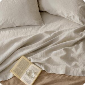 Bedsure Linen Sheets Queen Size - Cotton Linen Blend Bed Sheets, Anti - Pilling, Ultra-Soft & Breathable, 16 Inches Deep Pocket, PureWoven Natural Texture Improves with Use, 4 Pieces (Queen)