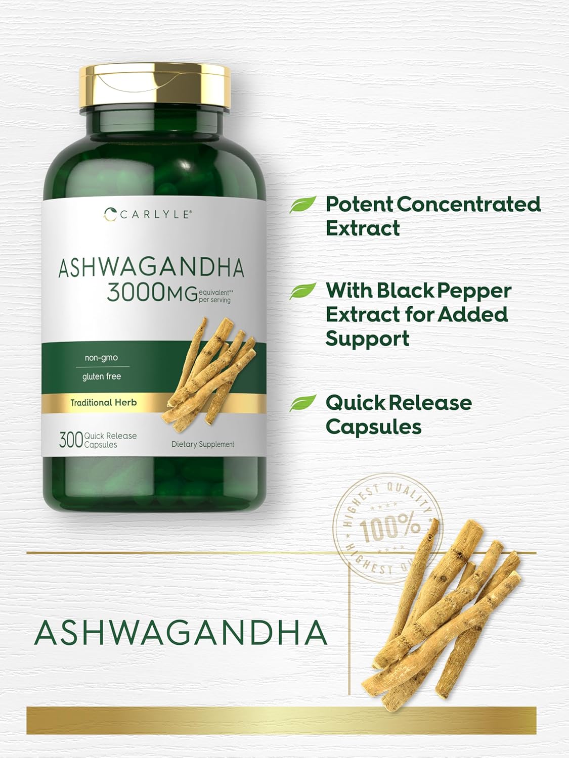 Carlyle Ashwagandha Supplement for Women and Men | 300 Capsules | Herb Root Extract with Black Pepper | Non-GMO and Gluten Free - Image 4