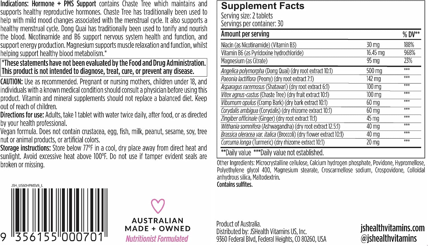 JSHealth Hormone Balance for Women. PMS Support with Vitamins B3, B6, Magnesium. Premenstrual Tension Relief. Nutritionist-Formulated, Vegan (60 Tablets) - Image 6