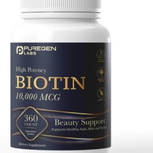 Puregen Labs Biotin 10,000 MCG Supports Healthy Hair, Skin & Nails - High Potency Beauty Support - Non-GMO, Gluten Free | 360 Vegetarian Tablets