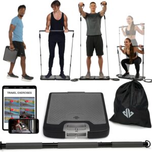 EVO Gym - Portable Home Gym Strength Training Equipment, At Home Gym | All in One Gym - Resistance Bands, Base Holds Gym Bar & Handles for Travel | Portable Gym & Home Exercise Equipment